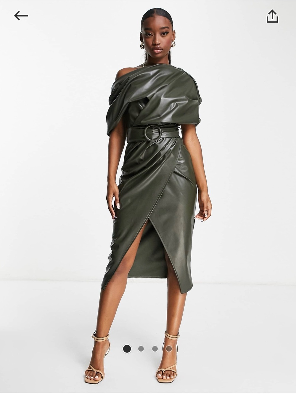 ASOS Olive Green One-Shoulder Faux Leather Wrap Dress
